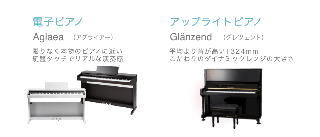 電子ピアノ Aglaea（アグライアー）限りなく本物のピアノに近い鍵盤タッチでリアルな演奏感 アップライトピアノ Glänzend (グレンツェント) 平均より背が高い全高1324mm こだわりのダイナミックレンジの大きさ