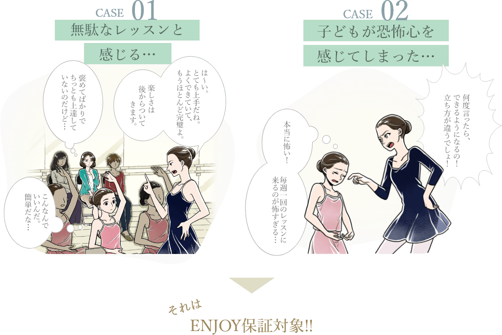 「Case 01・無駄なレッスンと感じる」「Case 02・子どもが恐怖心を感じてしまった…」それはENJOY保証対象!!