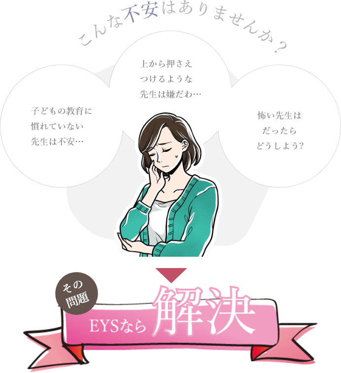 「こんな不安はありませんか？・子どもの教育に慣れていない先生は不安・上から押さえつけるような先生は嫌だわ・怖い先生はだったらどうしよう?」「その問題・EYSなら解決」