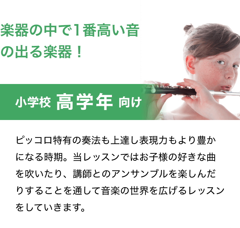 「楽器の中で１番高い音の出る楽器！」「小学校 高学年 向け」「ピッコロ特有の奏法も上達し表現力もより豊かになる時期。当レッスンではお子様の好きな曲を吹いたり、講師とのアンサンブルを楽しんだりすることを通して音楽の世界を広げるレッスンをしていきます。」