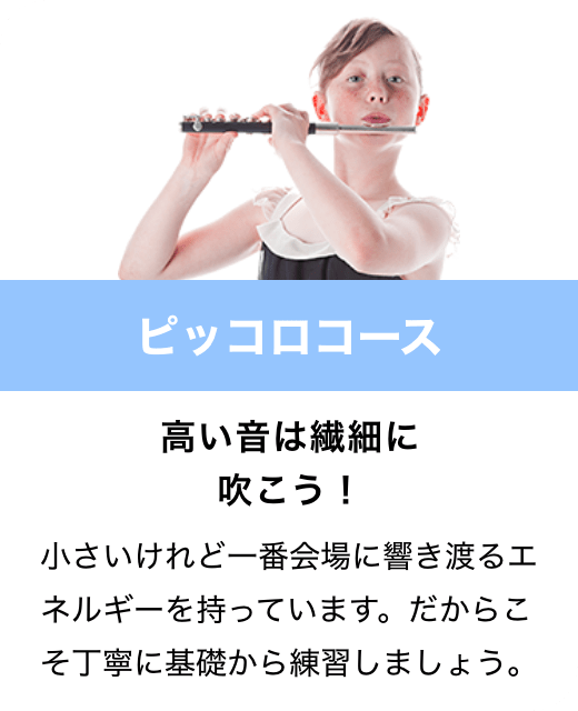 ピッコロコース　高い音は繊細に吹こう！　小さいけれど一番会場に響き渡るエネルギーを持っています。だからこそ丁寧に基礎から練習しましょう。