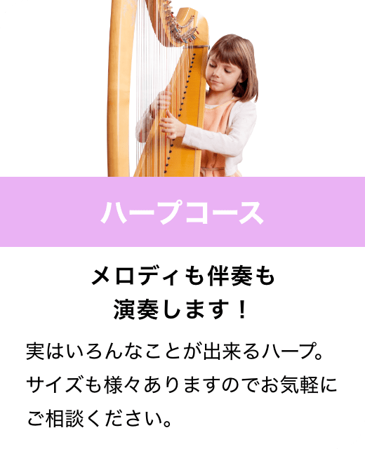 ハープコース　メロディも伴奏も演奏します！　実はいろんなことが出来るハープ。サイズも様々ありますのでお気軽にご相談ください。