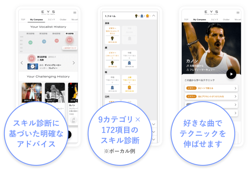 スキル診断に基づいた明確なアドバイス 9カテゴリ×172項目のスキル診断※ボーカル例 好きな曲でテクニックを伸ばせます