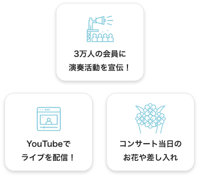 3万人の会員に演奏活動を宣伝! YouTubeでライブを配信 コンサート当日のお花や差し入れ