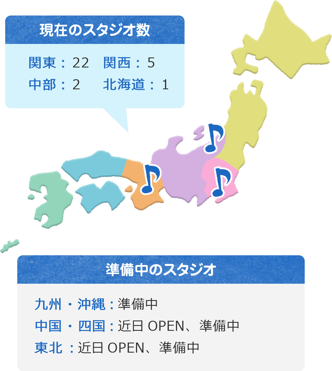 現在のスタジオ数 関東:22 関西:5 中部:2 北海道:1 準備中のスタジオ 九州・沖縄:準備中 中国・四国:近日OPEN、準備中 東北:近日OPEN、準備中