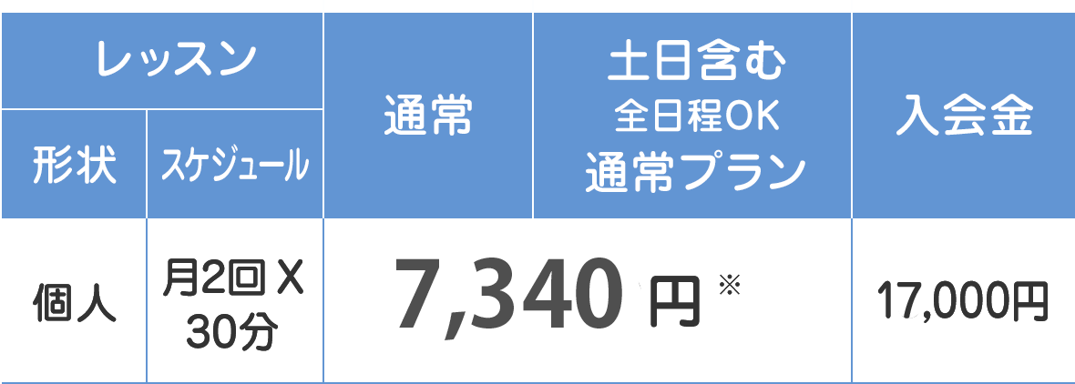 レッスン 形状:個人 スケジュール:月2回x30分 通常、土日含む全日程OK:7,340円〜 入会金:17,000円