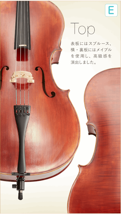 E  Top 表板にはスプルース、横・裏板にはメイプルを使用し、高級感を演出しました。