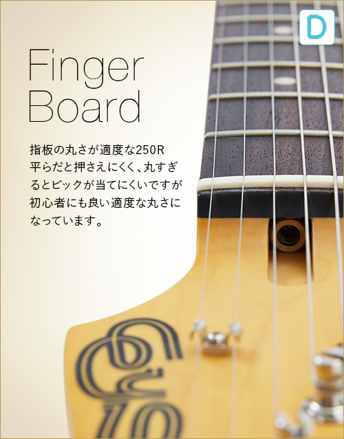 D  Finger　Board　指板の丸さが適度な250R　平らだと押さえにくく、丸すぎるとピックが当てにくいですが初心者にも良い適度な丸さになってます。