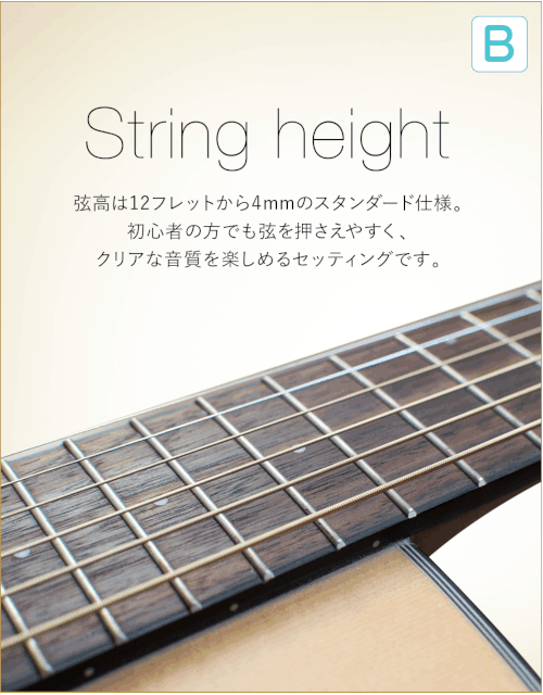 B  String height 現高は12フレットから4mmのスタンダード仕様。初心者の方でも弦を押さえやすく、クリアな音質を楽しめるセッティングです。