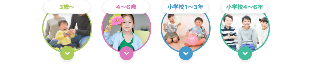 ３歳〜　４〜６歳　小学校１〜３年　小学校４〜６年