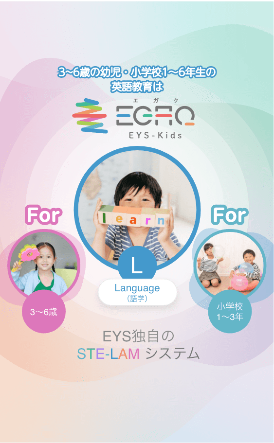 ３〜６歳の幼児・小学校１〜６年生の英語教育は　EGAQ(エガク) 　EYS独自のSTE-LAMシステム　
                         Science(科学)　Technology(技術) Engineering(ものづくり) Mathematics(数学) Art(芸術)