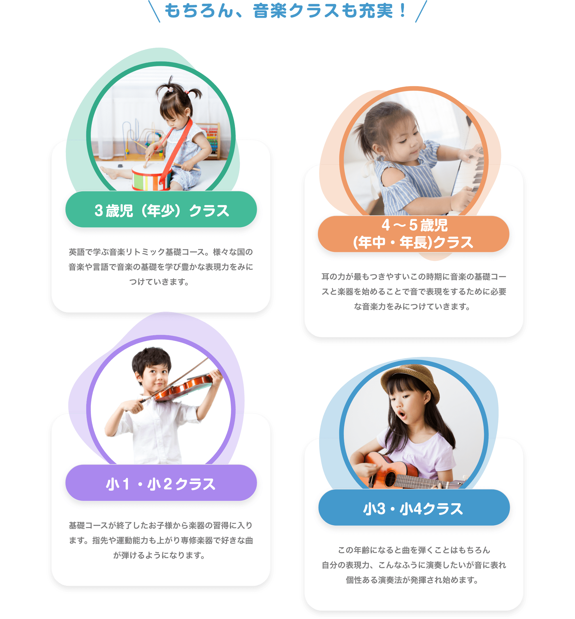 もちろん、音楽クラスも充実！、「３歳児（年少）クラス、英語で学ぶ音楽リトミック基礎コース。様々な国の音楽や言語で音楽の基礎を学び豊かな表現力をみにつけていきます。」「４〜５歳児(年中・年長)クラス、耳の力が最もつきやすいこの時期に音楽の基礎コースと楽器を始めることで音で表現をするために必要な音楽力をみにつけていきます。」「小１・小２クラス、基礎コースが終了したお子様から楽器の習得に入ります。指先や運動能力も上がり専修楽器で好きな曲が弾けるようになります。」「小3・小4クラス、この年齢になると曲を弾くことはもちろん自分の表現力、こんなふうに演奏したいが音に表れ個性ある演奏法が発揮され始めます。」