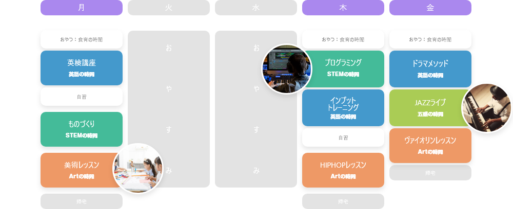 月　火　水　木　金　15:00 おやつ：食育の時間　おやつ：食育の時間　おやつ：食育の時間　16:00　英検講座　英語の時間　自習　プログラミングの時間　STEMの時間　シアターメソッド　英語の時間　17:00 ものづくり　STEMの時間　インプットトレーニング　英語の時間　自習　JAZZライブ　五感の時間　18:00 武術レッスン　Artの時間　HIPHOPレッスン　Artの時間　バイオリンレッスン　Artの時間　帰宅　19:00 帰宅　帰宅