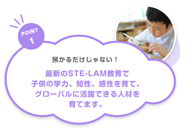 POINT1　預かるだけじゃない！　最新のSTE-LAM教育で子供の学力、知性、感性を育て、グローバルに活躍できる人材を育てます。