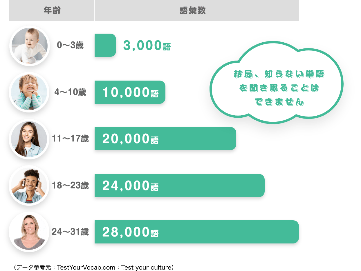 年齢　語彙数　0〜3歳　3,000語　4〜10歳　10,000語　11〜17歳　20,000語　18〜23歳　24,000語　24〜31歳　28,000語　結局、知らない単語を聞き取ることはできません　（データ参考元：TestYourVocab,com：Test your culture）