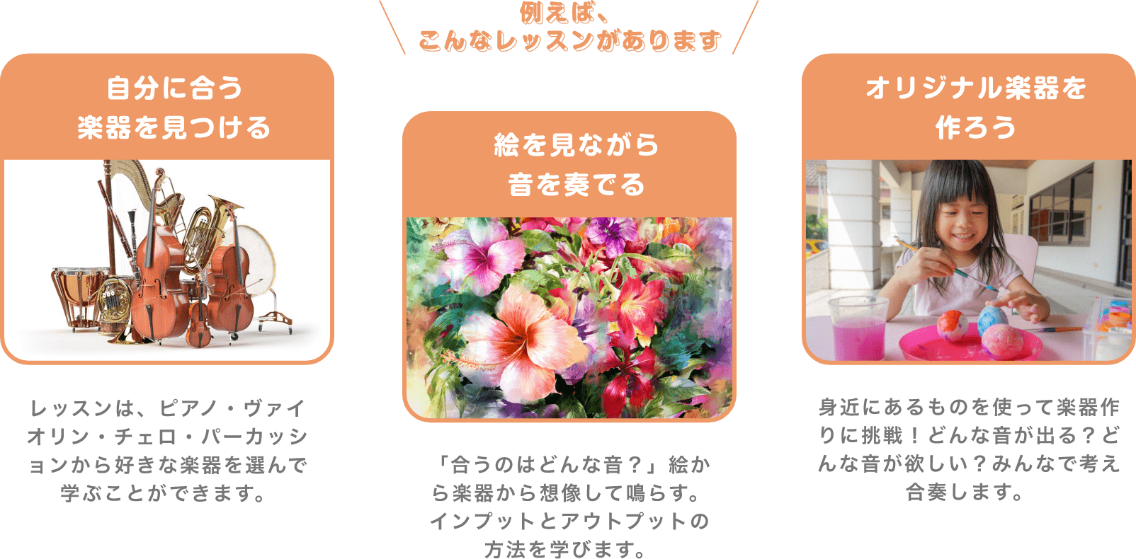 ＼例えば、こんなレッスンがあります／　「自分に合う楽器を見つける」　レッスンは、ピアノ・バイオリン・チェロ・パーカッションから好きな楽器を選んで学ぶことができます。　「絵を見ながら音を奏でる」　「合うのはどんな音？」絵から楽器から想像して鳴らす。インプットとアウトプットの方法を学びます。　「オリジナル楽器を作ろう」　身近にあるものを使って楽器作りに挑戦！どんな音が出る？どんな音が欲しい？みんなで考え合奏します。